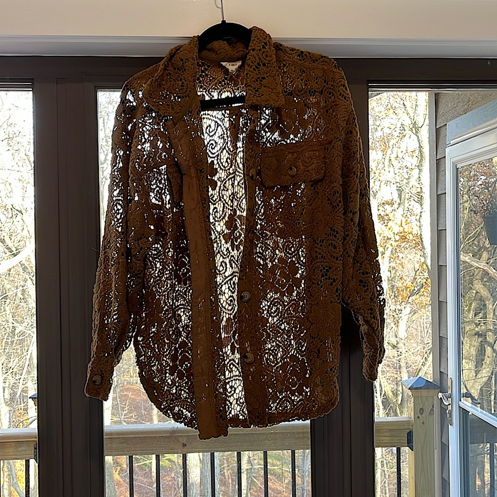 Camel/tan lace style button up shirt/shacket from Bibi size medium fall cozy